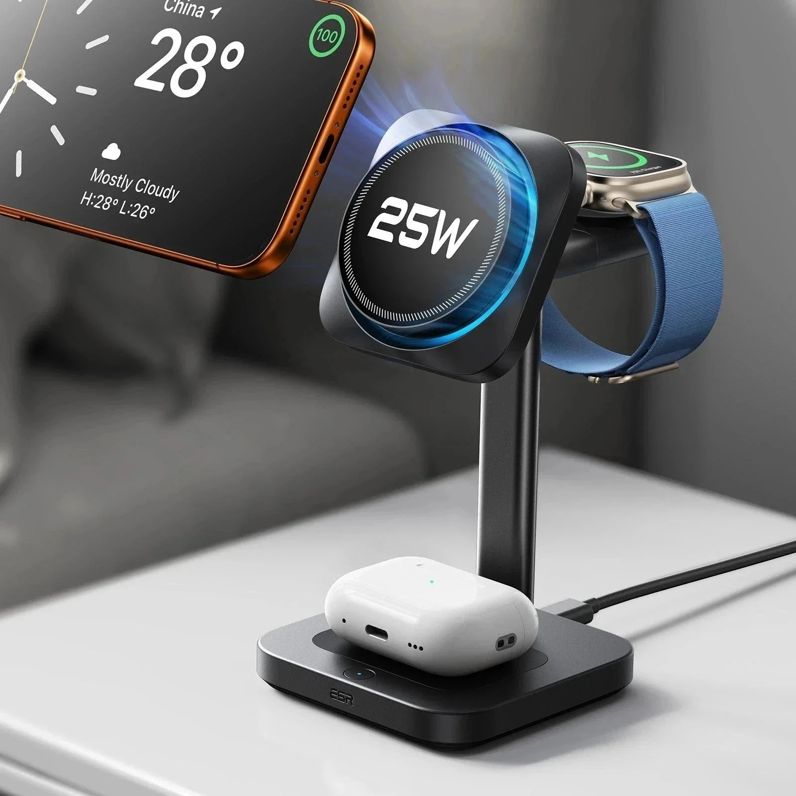 CryoBoost 3-in-1 Magnetic Charging Station (25W, Qi2.2)  - US Plug–Black - Image 10