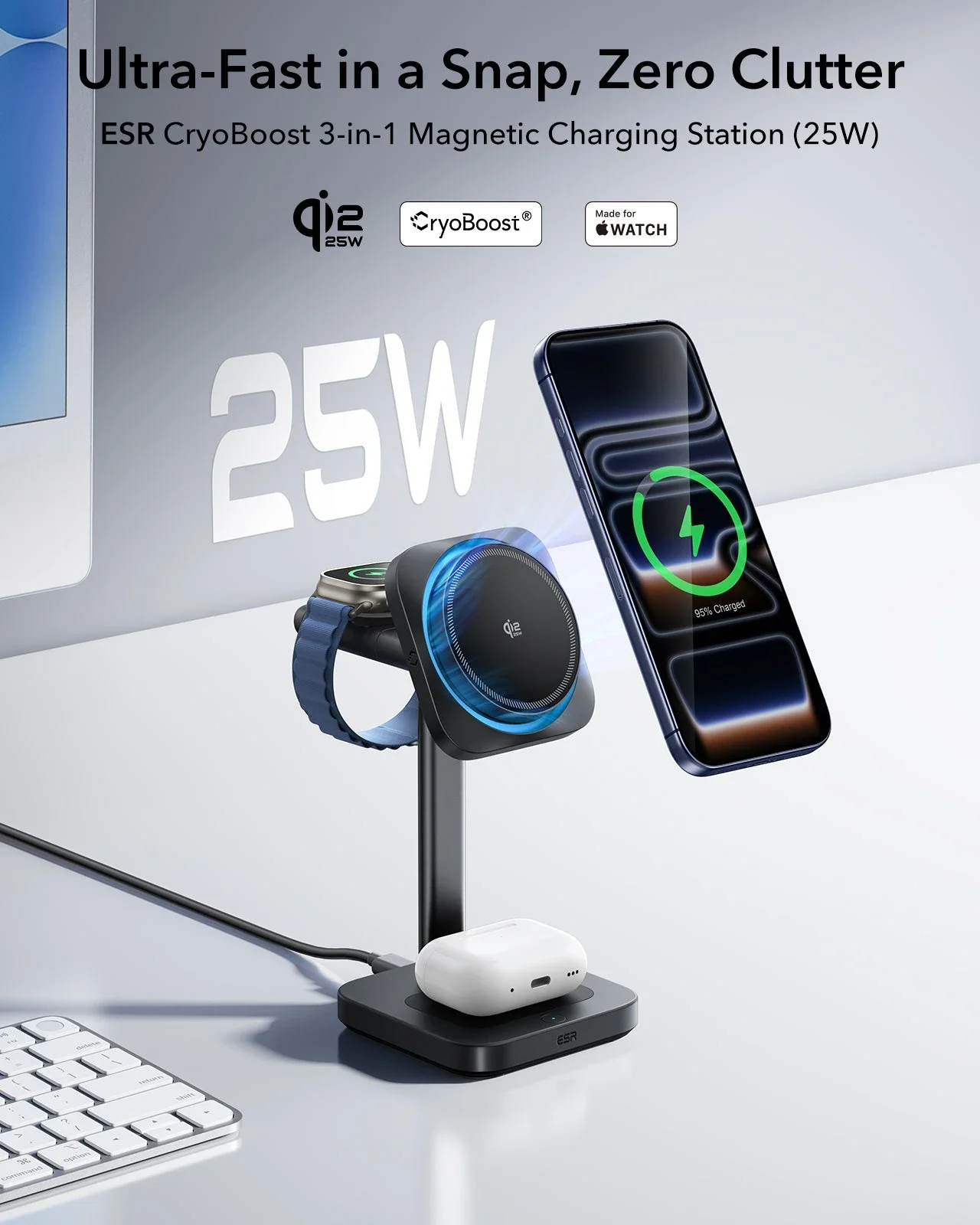 CryoBoost 3-in-1 Magnetic Charging Station (25W, Qi2.2)  - US Plug–Black - Image 3