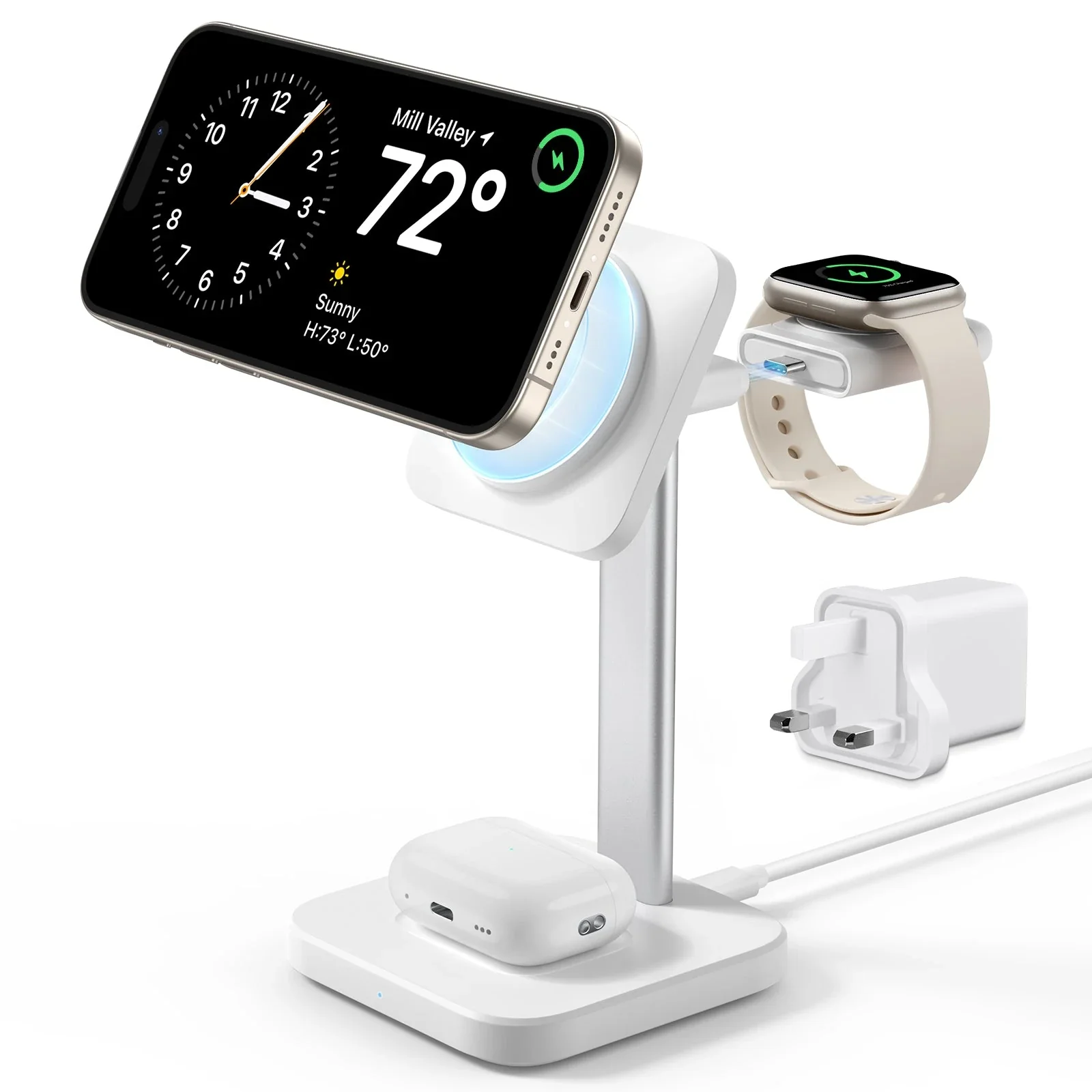 3-in-1 Watch Wireless Charging Set (HaloLock) - White - US-Plug - Image 3