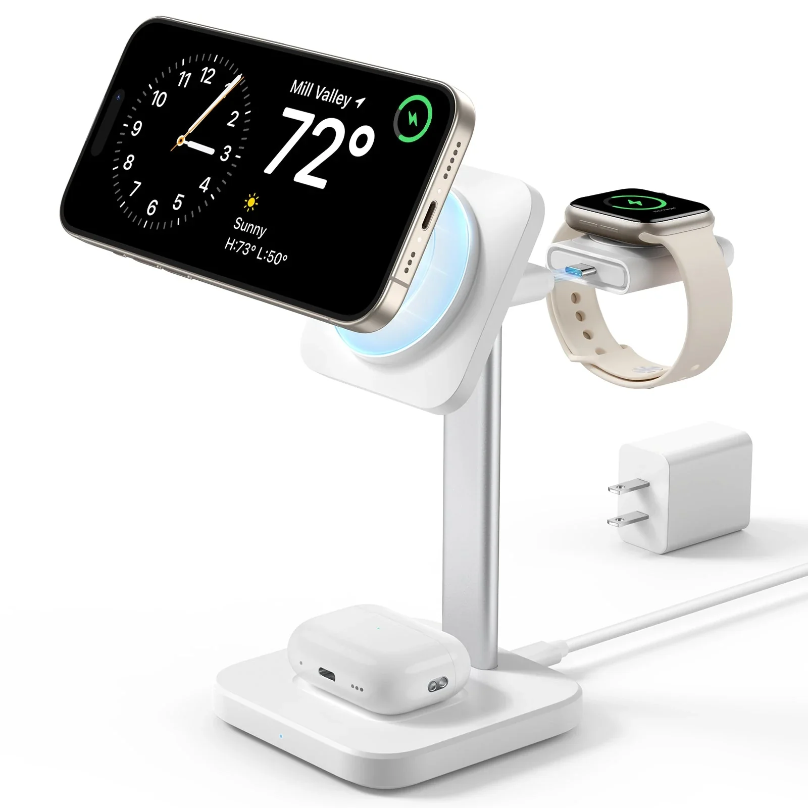 3-in-1 Watch Wireless Charging Set (HaloLock) - White - US-Plug - Image 4