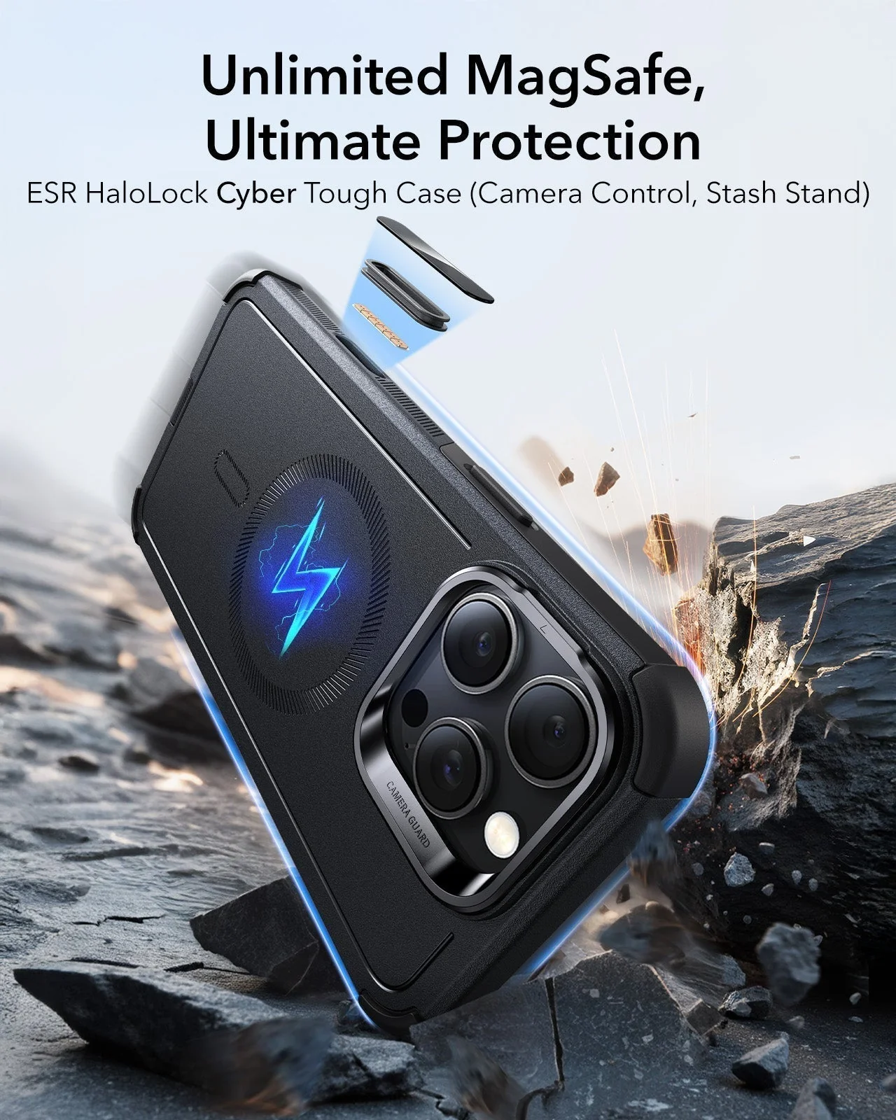 iPhone 16 Pro Max Cyber Tough Magnetic Case Privacy Protection Bundle (Camera Control, Stash Stand) - Black - Image 3
