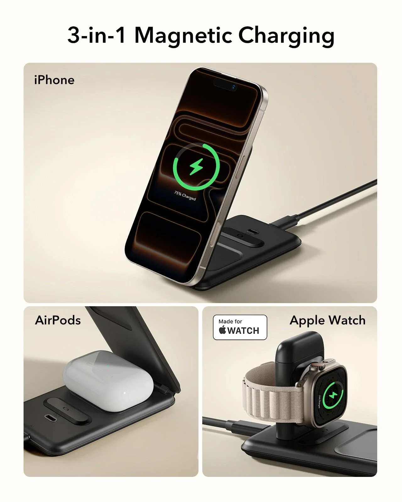 15W 3-in-1 Travel Wireless Charging Set - White - US Plug - Image 8