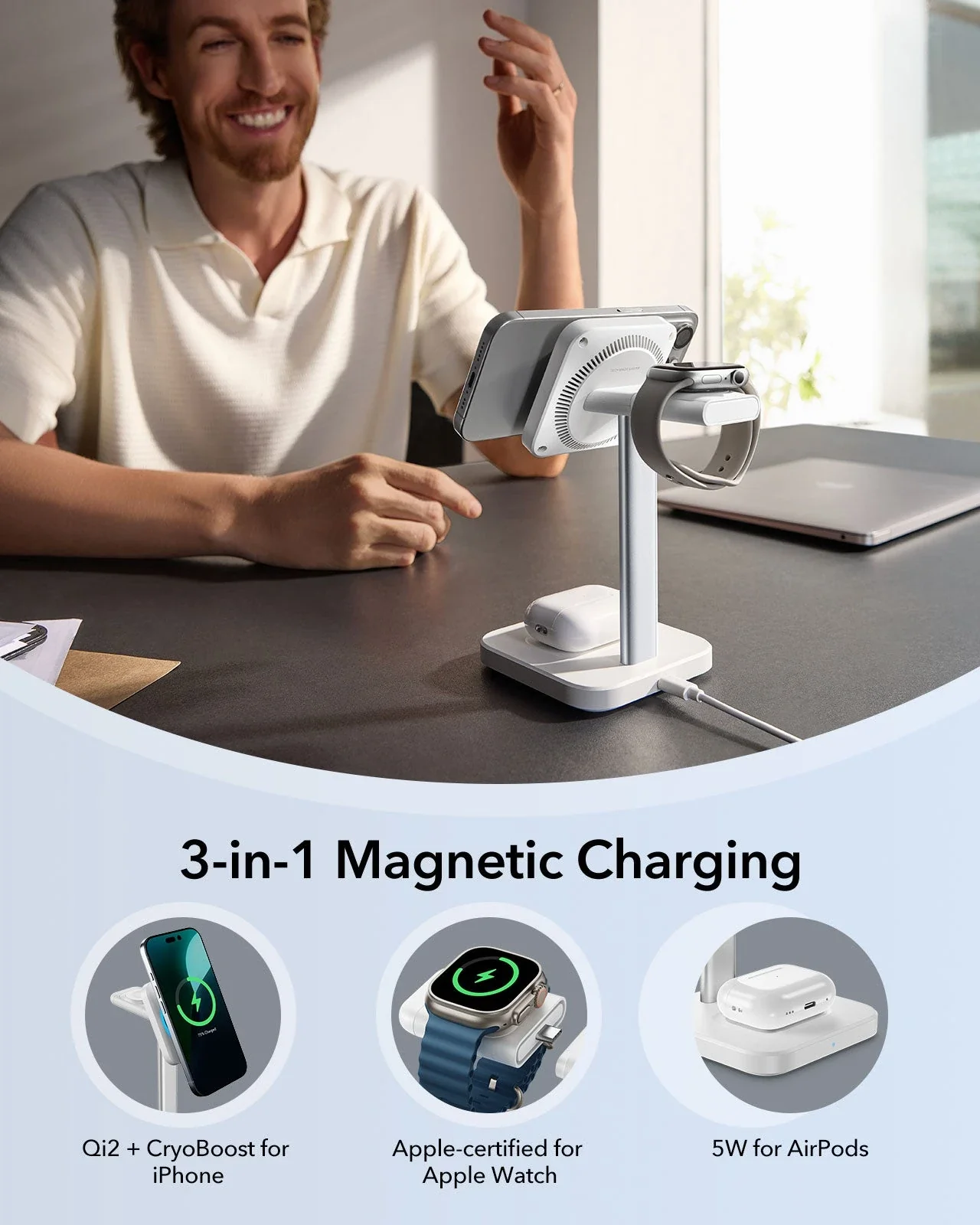15W 3-in-1 Wireless Charging Station with CryoBoost (HaloLock) - White - US Plug - Image 7